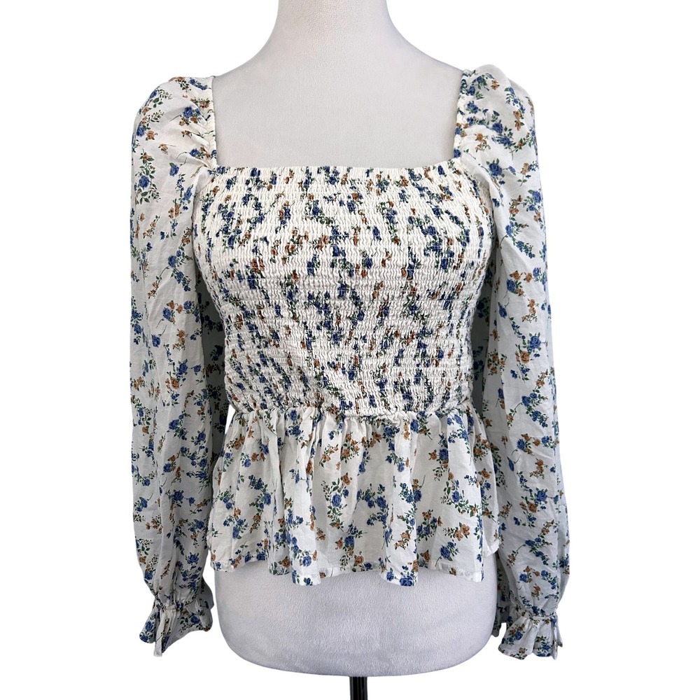 Dizzy Lizzy Womens Cottagecore White Floral‎ Smocked Puff Sleeve Peplum Blouse M